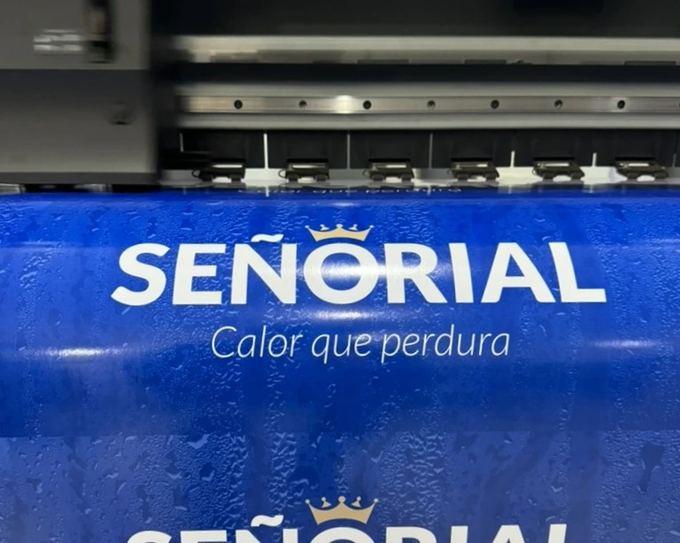 Primer plano de impresión de vinilo de gráfica Señorial azul